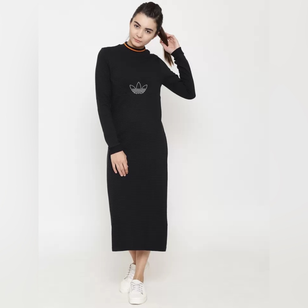 Adidas Originals Black and Orange CLRDO Ribbed Midi Shirt Dress- Size Large